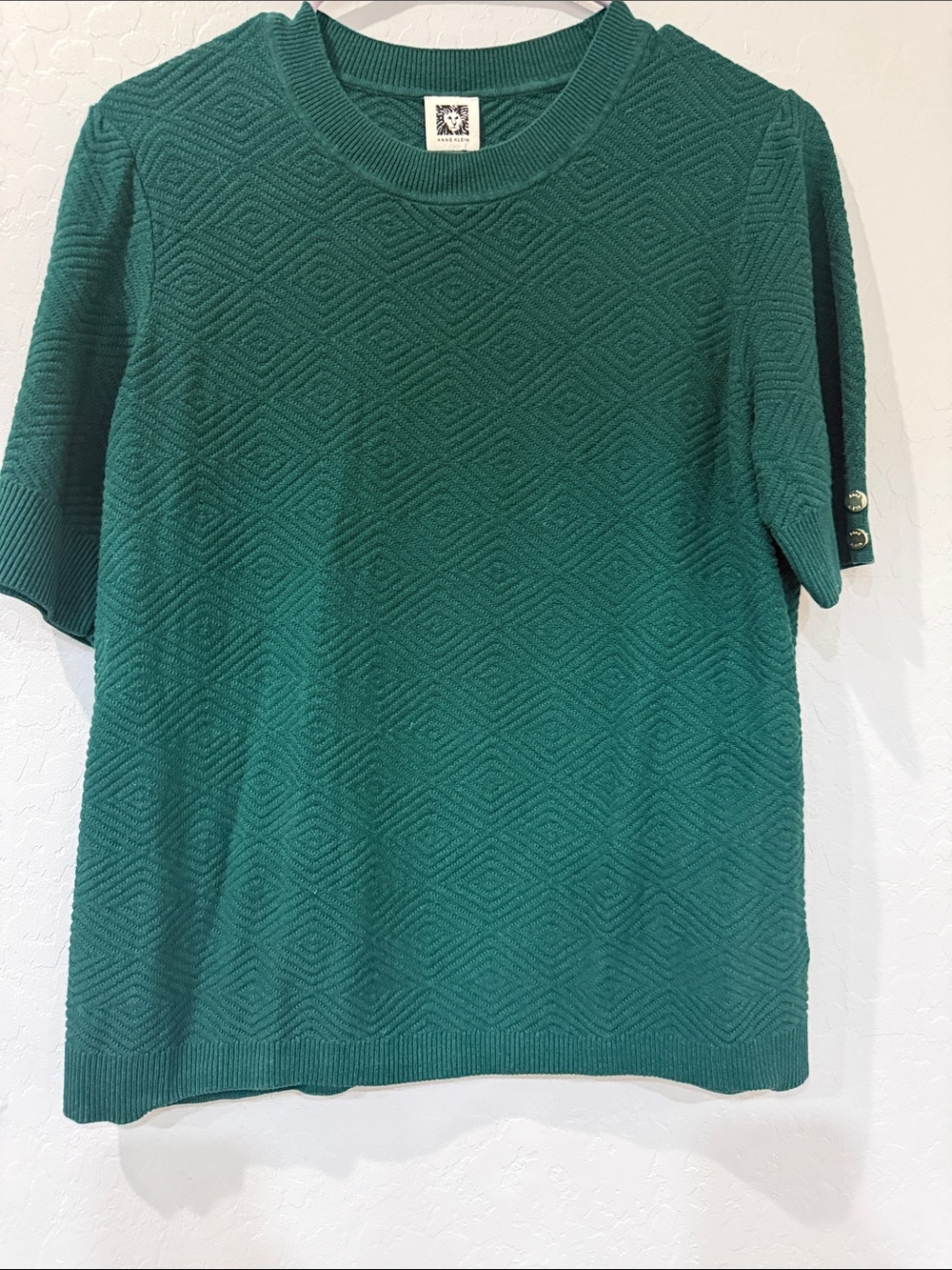 Anne Klein Teal Green Textured Knit Short Sleeve Sweater Top